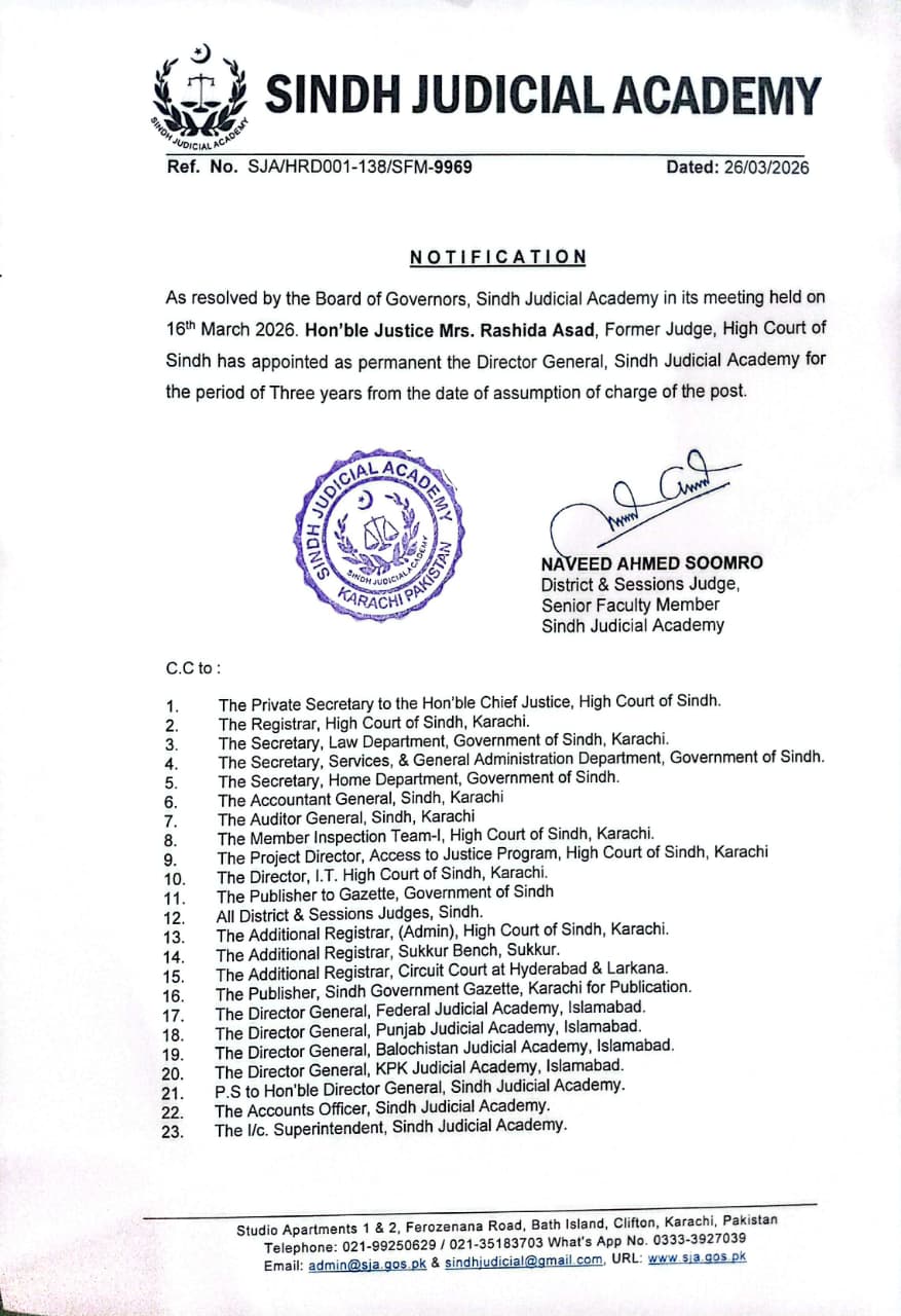 Notification Director General Sindh Judicial Academy